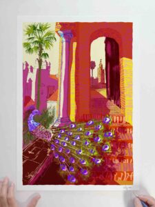 Art print by artist alej ez titled The Peacock and the Giralda Gardens of Seville Alcazar