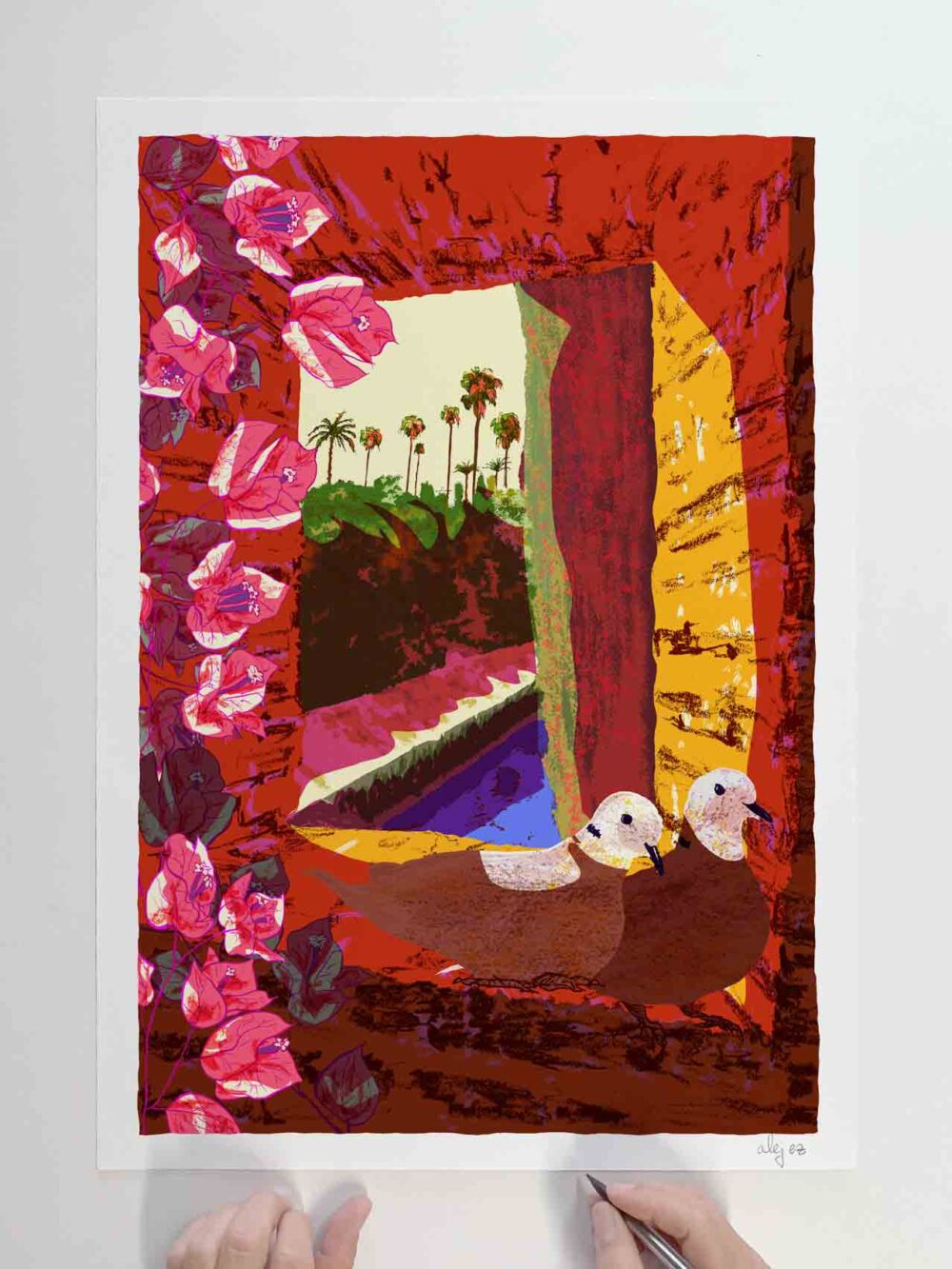 Art print by artist alej ez titled : Collared Doves Bougainvillea the Pond Gardens of Seville Alcazar