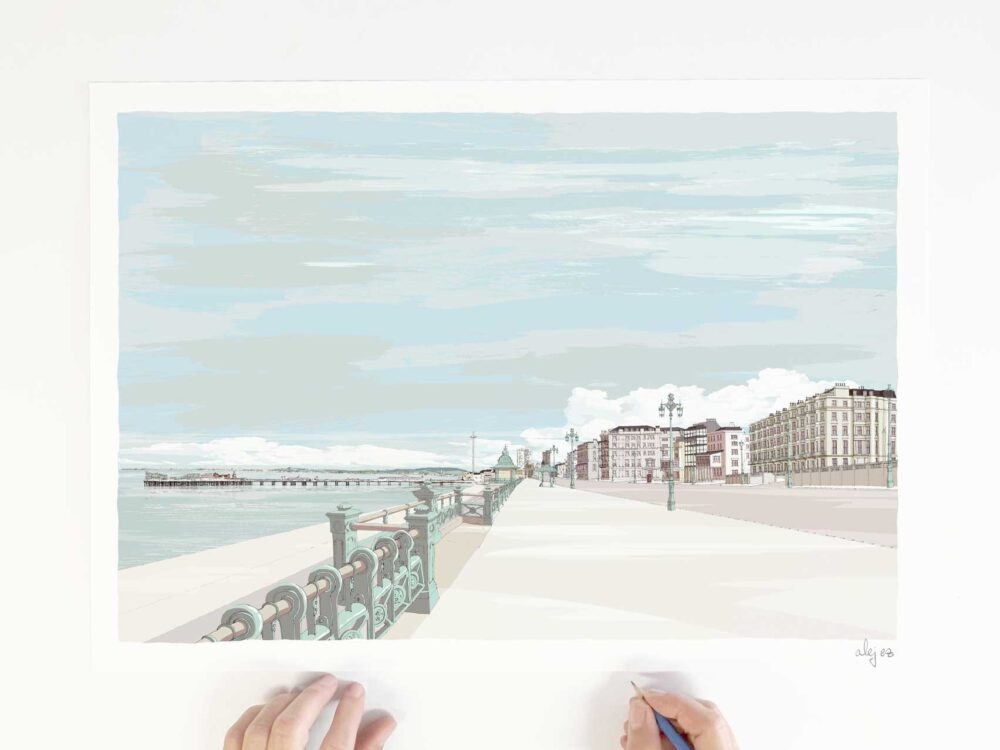 Art print by artist alej ez titled The Seafront at Kemptown Brighton Pebble Beach