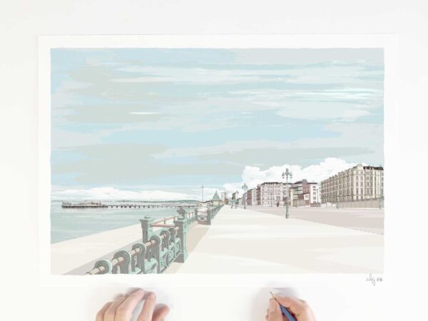 Art print by artist alej ez titled The Seafront at Kemptown Brighton Pebble Beach