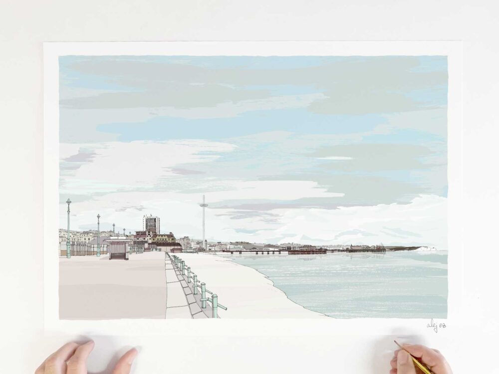 Art print by artist alej ez titled The Seafront at Hove Brighton Pebble Beach
