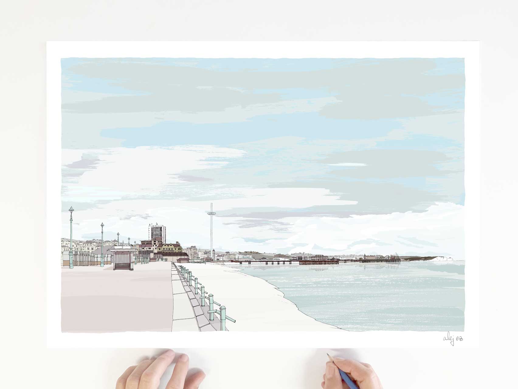 Art print by artist alej ez titled The Seafront at Hove Brighton Pebble Beach