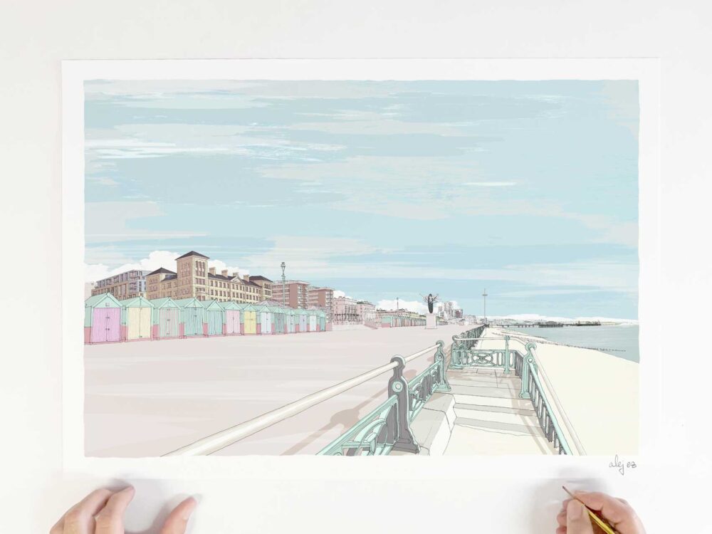 Art print by artist alej ez titled Hove Beach Huts Pebble Beach