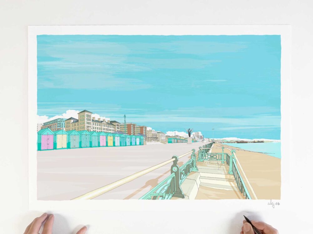Art print by artist alej ez titled Hove Beach Huts Sky Blue