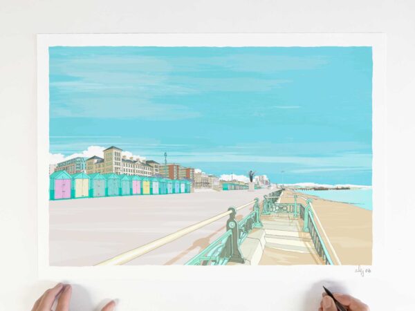 Art print by artist alej ez titled Hove Beach Huts Sky Blue