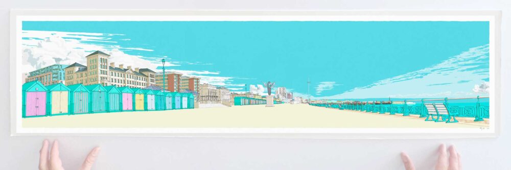 art print titled Brighton Beach Huts by Hove Plinth and Kings Road Sky Blue by artist alej ez