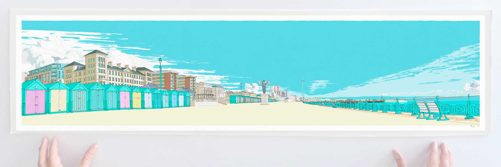 art print titled Brighton Beach Huts by Hove Plinth and Kings Road Sky Blue by artist alej ez
