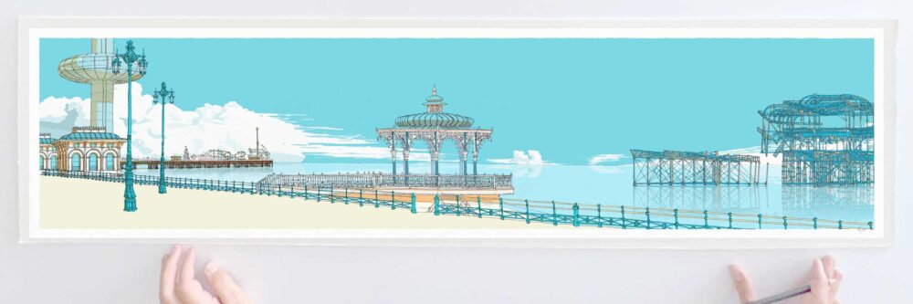 art print titled I360, Palace Pier, The Bandstand and West Pier Sly Blue by artist alej ez