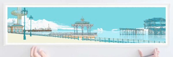 art print titled I360, Palace Pier, The Bandstand and West Pier Sly Blue by artist alej ez