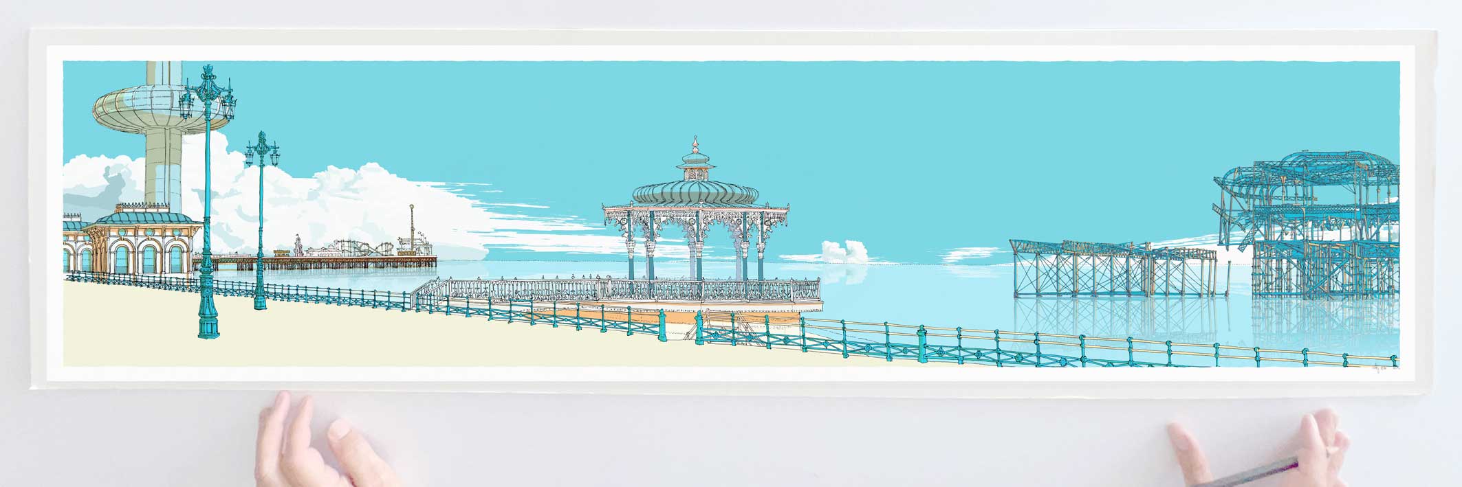 art print titled I360, Palace Pier, The Bandstand and West Pier Sly Blue by artist alej ez
