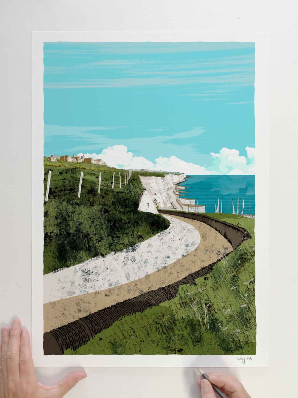 Art print by artist alej ez titled Roedean to Brighton Marina Sky Blue