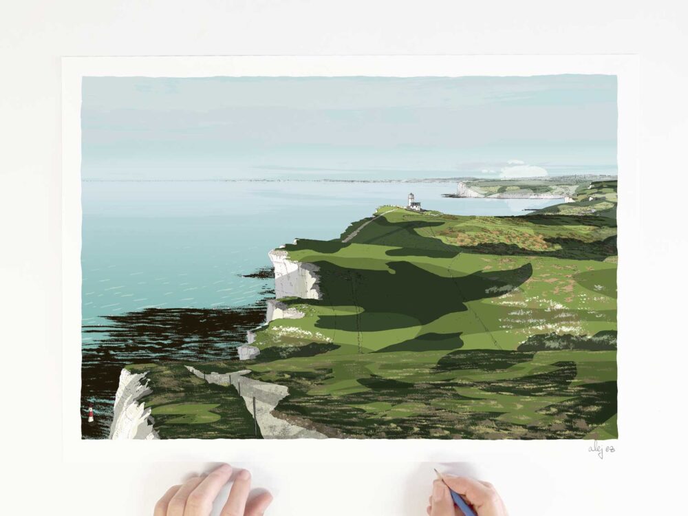 Art print by artist alej ez titeld Two Lighthouses Belle Tout to Beachy Head