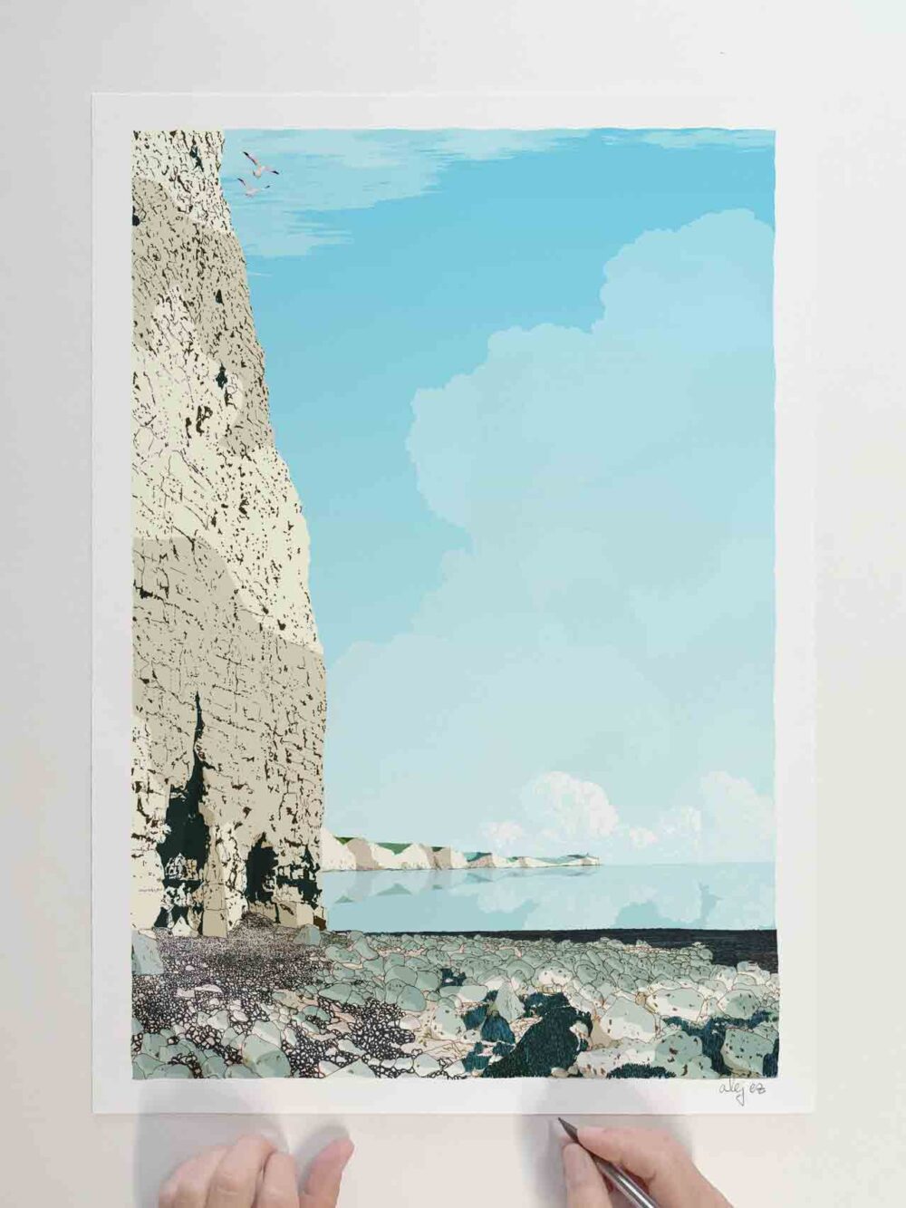 art print by artist alej ez titled Hope Gap to Seven Sisters White Cliffs Sky Blue