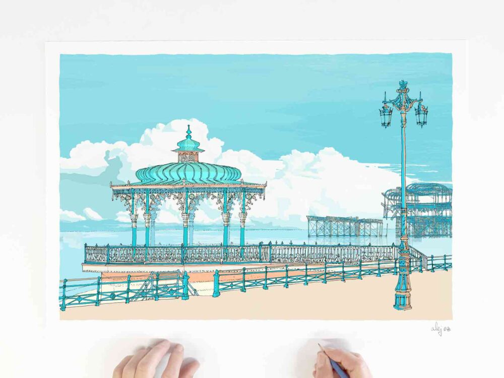 Art print by artist alej ez titled Bandstand and West Pier Sky Blue
