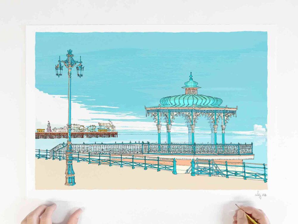 Art print by artist alej ez titled Bandstand and Palace Pier Sky Blue