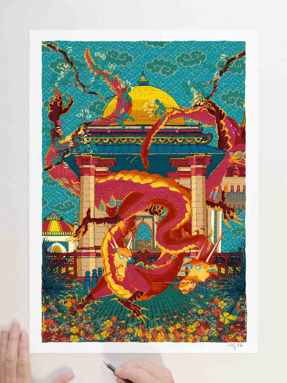 Art print by artist alej ez titled Twin Dragons India Gate Royal Pavilion and Garden