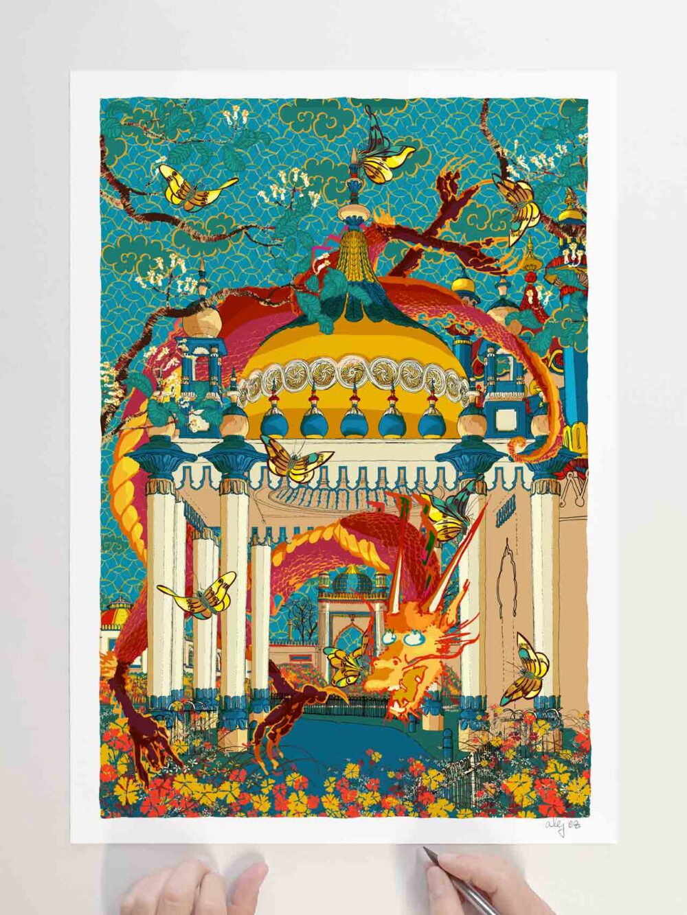 Art print by artist alej ez titled Dragon Butterflies Porte Cochere Royal Pavilion Garden