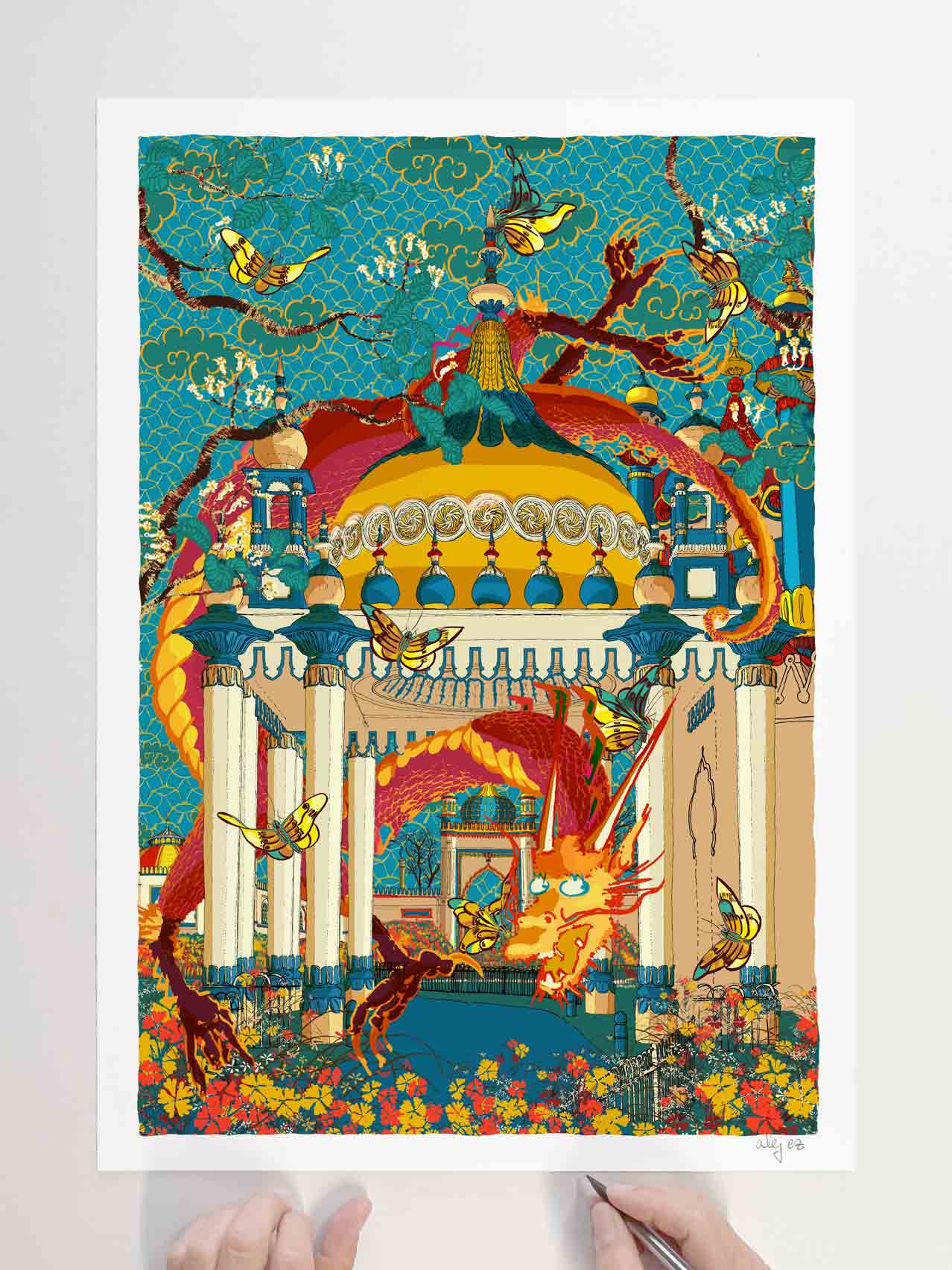 Art print by artist alej ez titled Dragon Butterflies Porte Cochere Royal Pavilion Garden