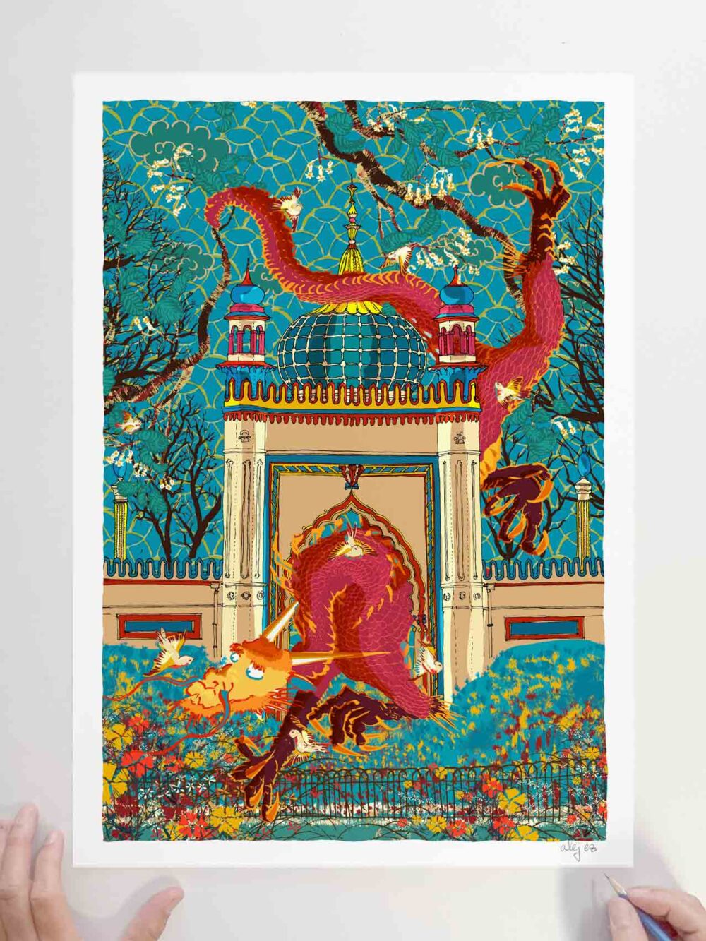 Art print by artist alej ez titled Dragon Songbirds North Gate Royal Pavilion and Garden