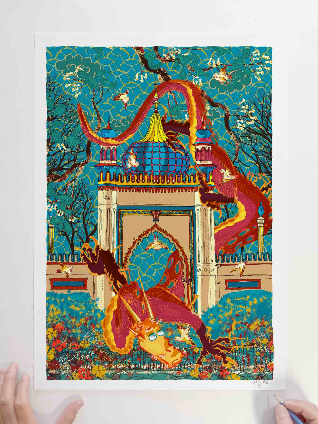 Art print by artist alej ez titled North Gate Dragon and Songbirds Royal Pavilion and Garden Brighton