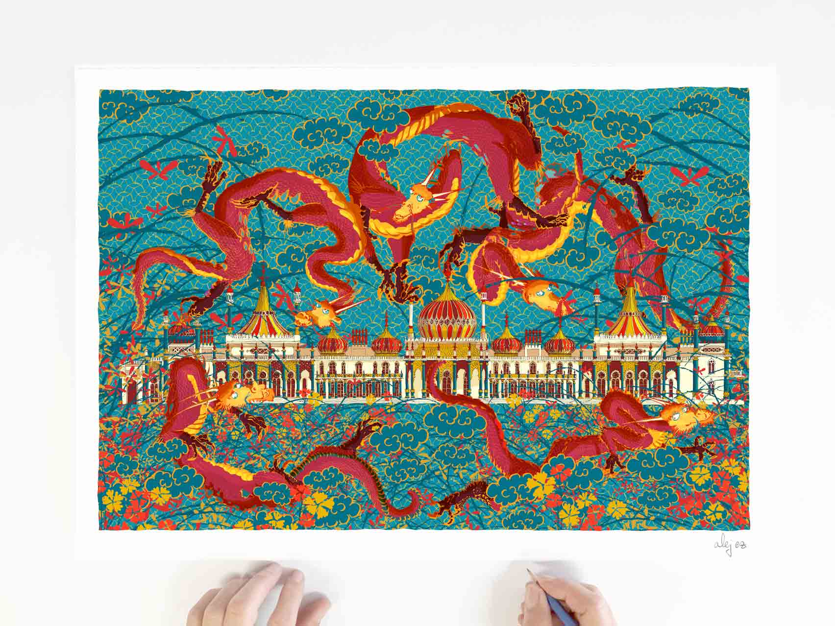 Art print by artist alej ez titled Dragons Ditty Royal Pavilion Garden