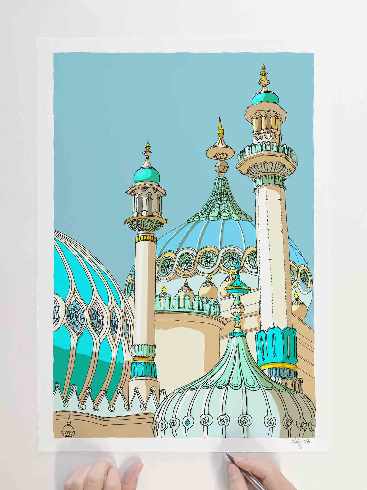 Art print by artist alej ez titled Brighton Pavilion Finials and Domes Blue Sea