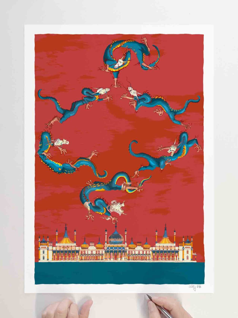 Art print by artist alej ez titled Royal Pavilion Dragons Gold Chinoiserie
