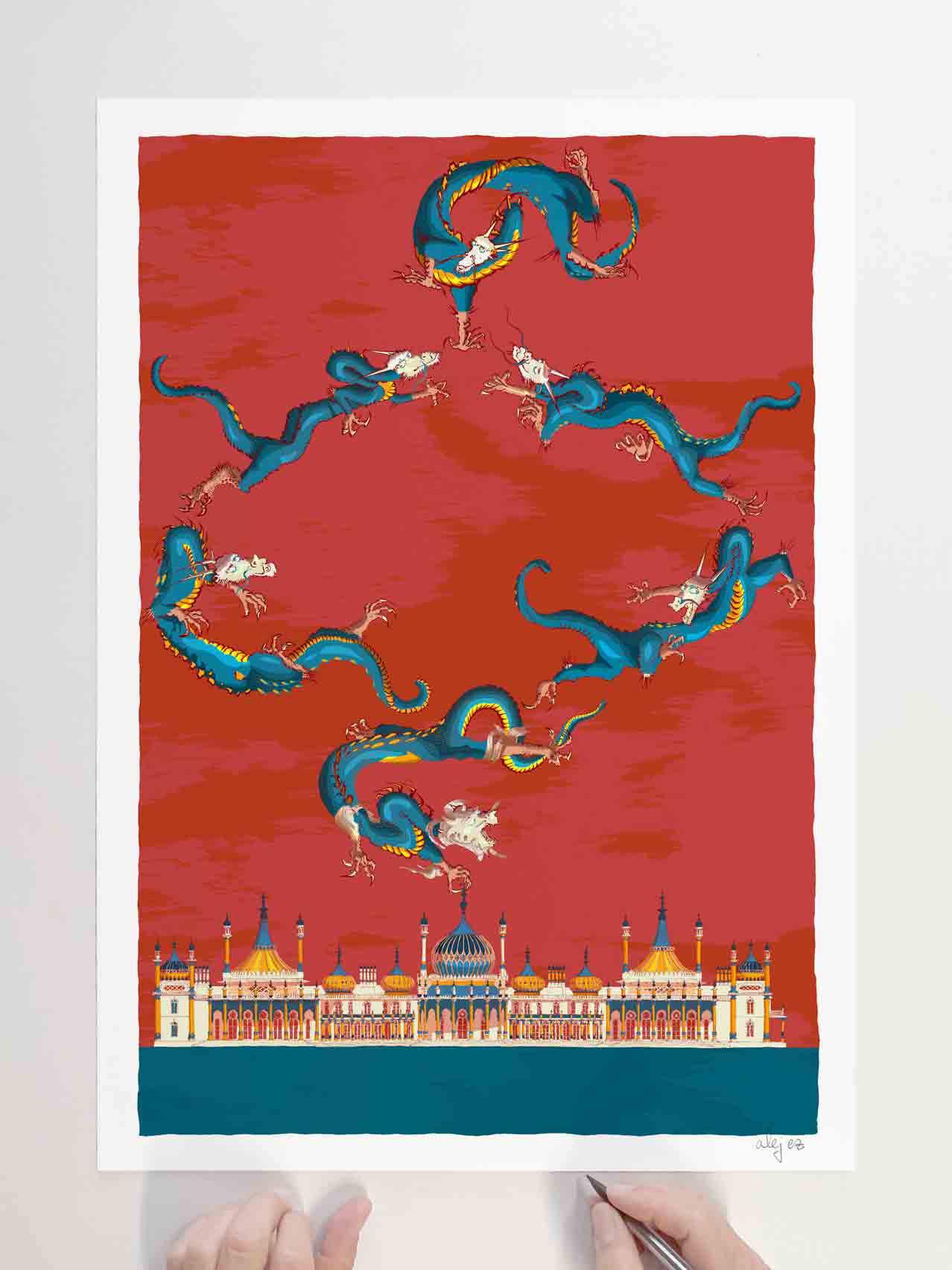 Art print by artist alej ez titled Royal Pavilion Dragons Gold Chinoiserie