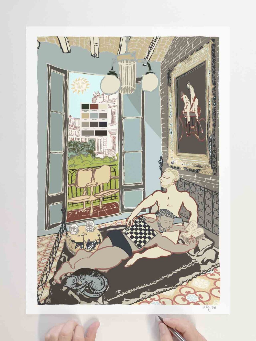 Limited Edition signed art print by artist alej ez titled Barcelona Cat Lovers