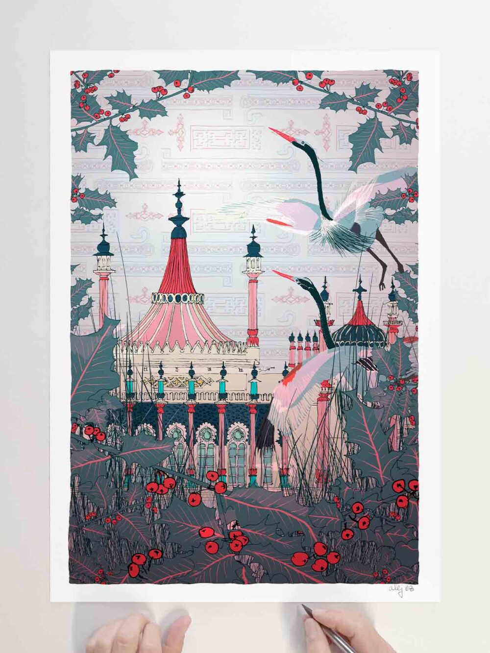 Limited Edition signed art print by artist alej ez titled Herons at the Royal Pavilion Garden Brighton in Winter
