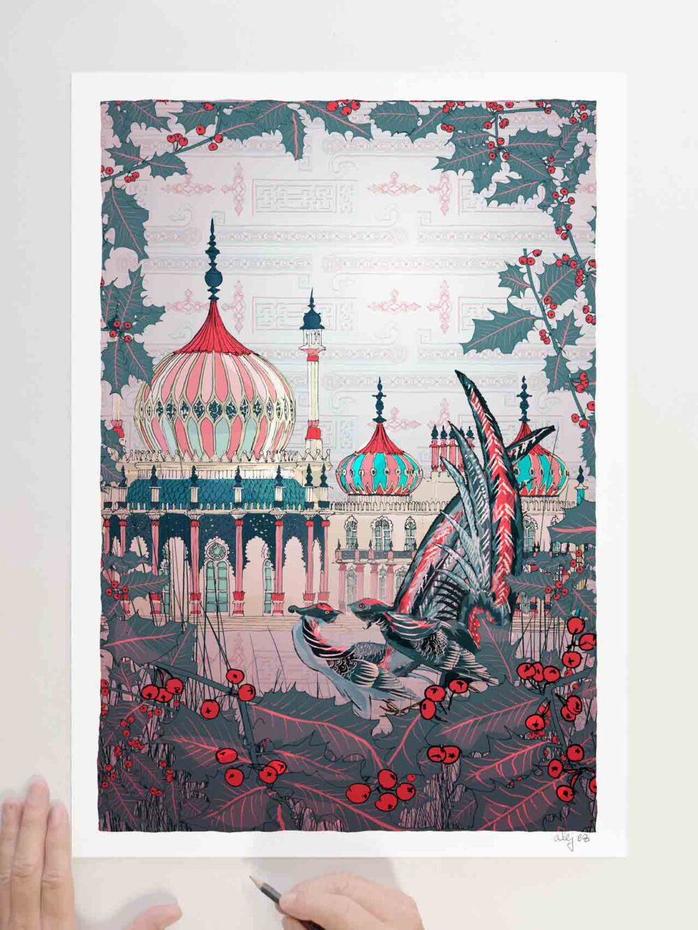 Limited Edition signed art print by artist alej ez titled Pheasants at the Royal Pavilion Garden Brighton in Winter