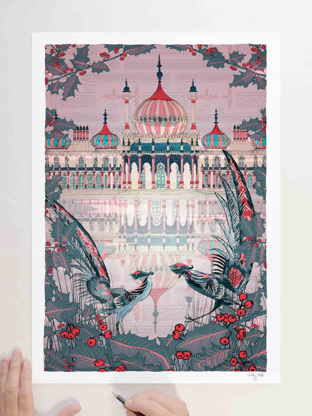 Limited Edition signed art print by artist alej ez titled Pheasants at the Royal Pavilion Garden Brighton in Winter