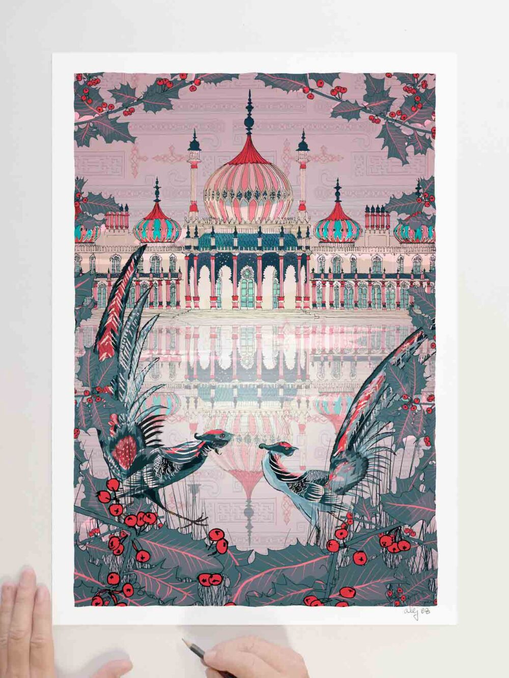 Limited Edition signed art print by artist alej ez titled Pheasants at the Royal Pavilion Garden Brighton in Winter