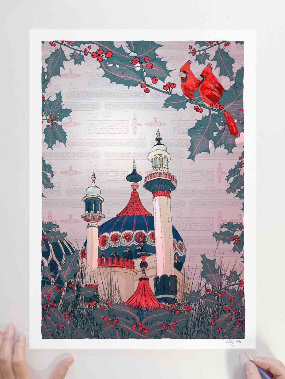 Limited Edition signed art print by artist alej ez titled Cardinals at the Royal Pavilion Garden Brighton in Winter