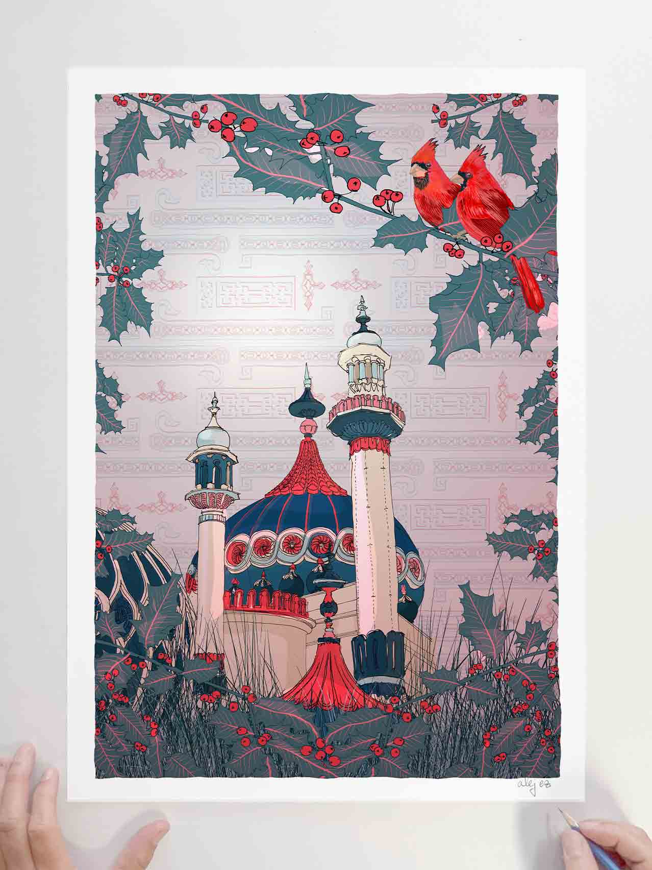 Limited Edition signed art print by artist alej ez titled Cardinals at the Royal Pavilion Garden Brighton in Winter