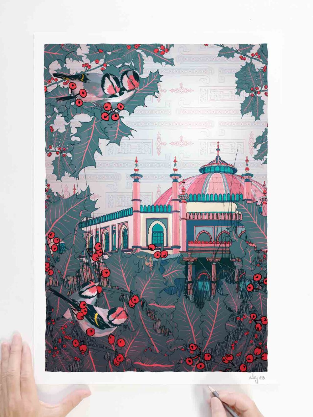 Limited Edition signed art print by artist alej ez titled Goldfinches at the Royal Pavilion Garden Brighton in Winter