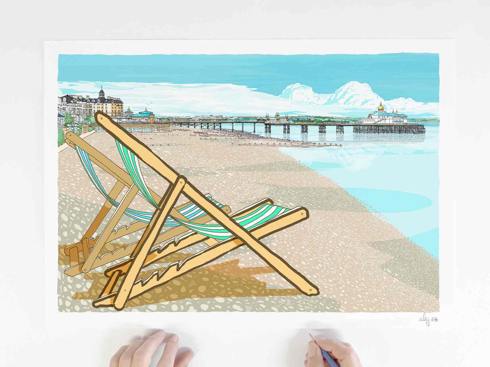 Eastbourne Deck Chairs and Pier Sky Blue