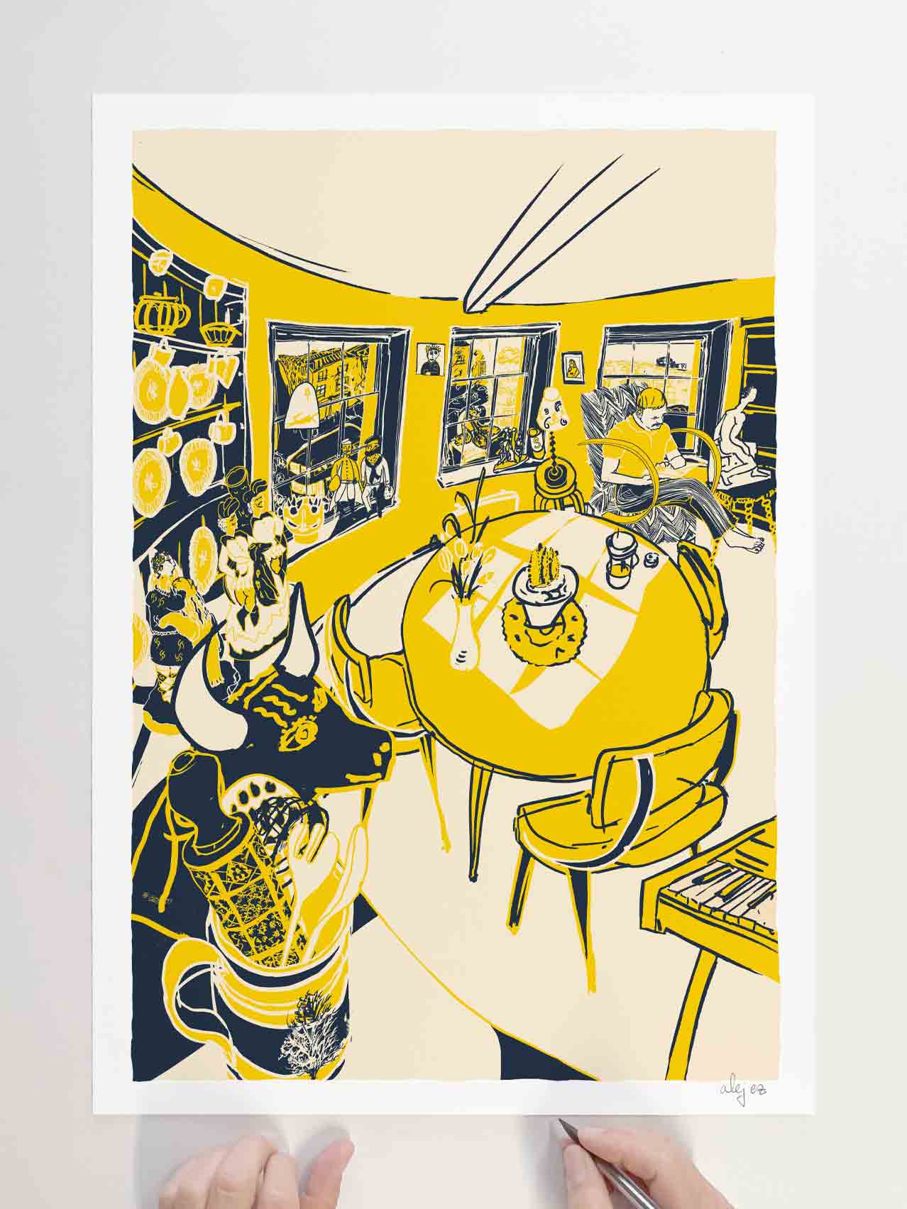 Limited Edition Art print by artist alej ez titled My Favourite Armchair Ochre and Blue